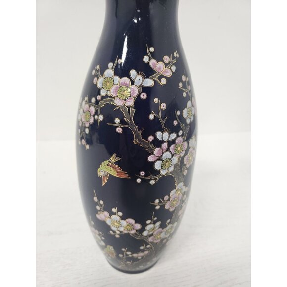 Vintage Artmark Cobalt Blue Gold Floral Bird Vase Ceramic Japanese Pottery Decor - Picture 3 of 11
